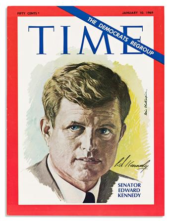 (WORLD LEADERS.) Group of 4 Time magazine covers, each Signed: Moshe Dayan * Edward Kennedy (2) * Anwar Sadat.